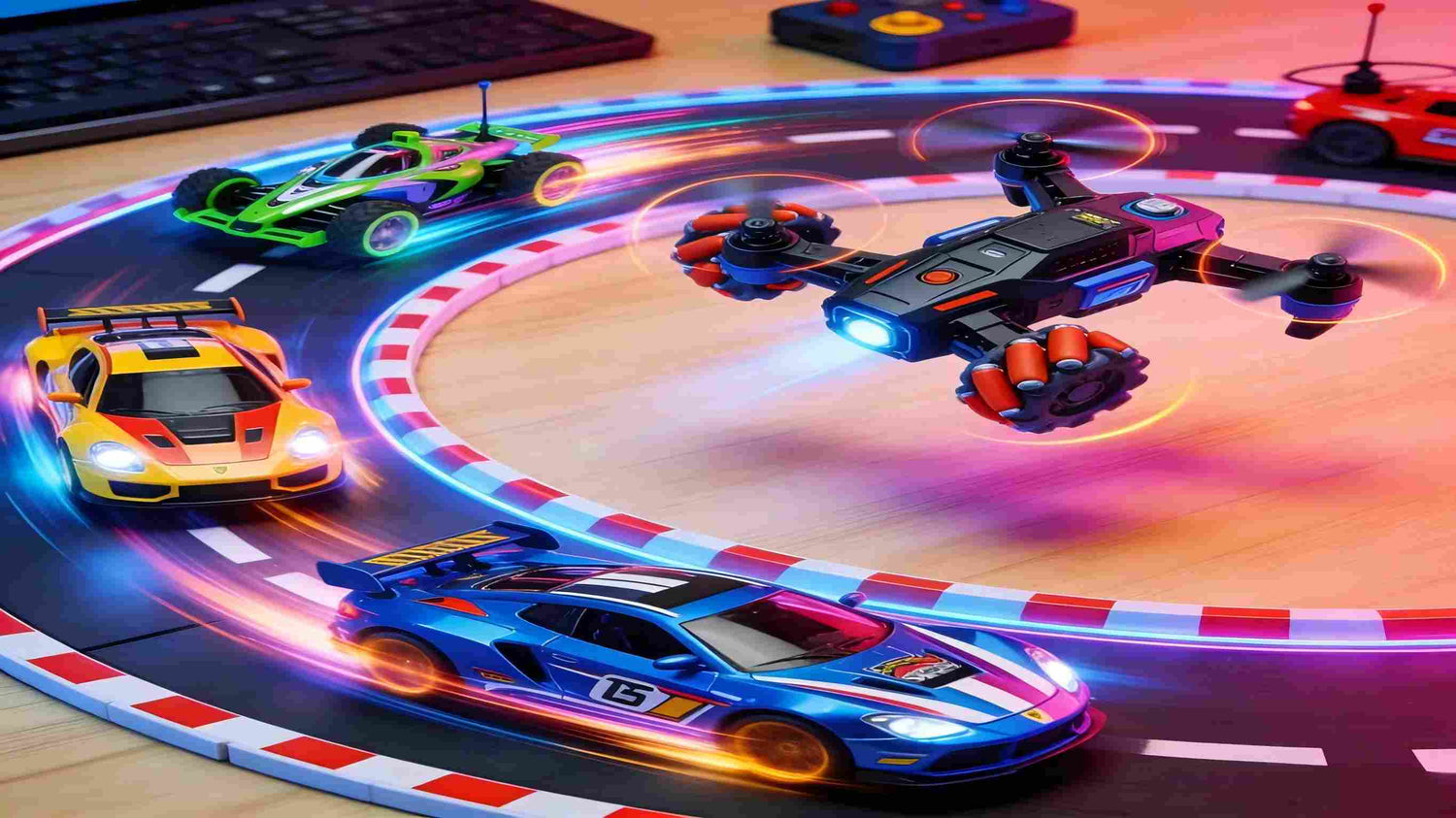 Collection of remote control vehicles: race car, truck and off-road buggy