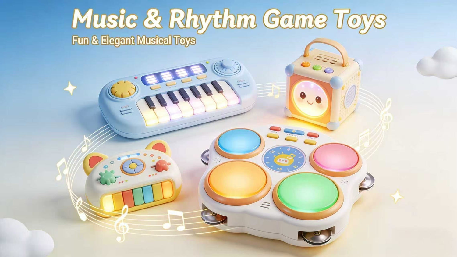Musical toys for kids, including toy pianos, xylophones, drums, and sound-making instruments. Perfect for early learning and sensory play