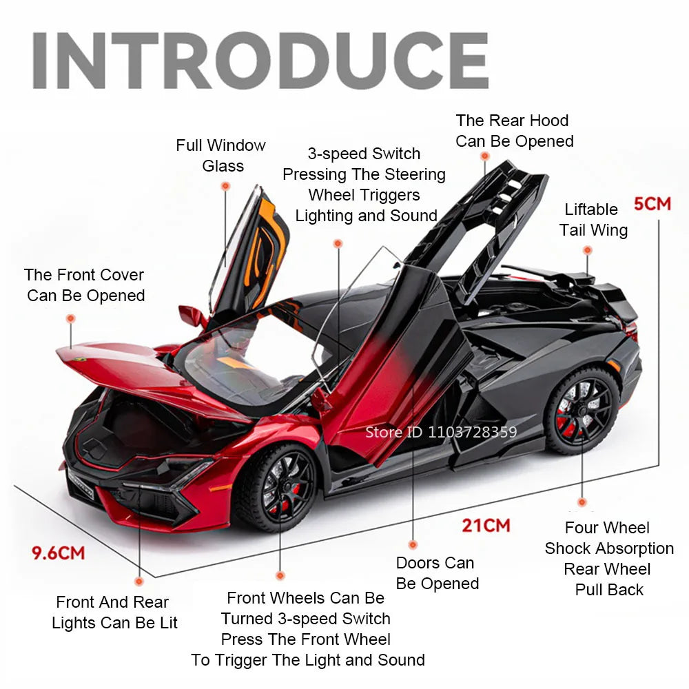 1:24 Scale REVUELTO Miniature Model Toy Sports Cars Alloy Diecast Supercars Sound Light Doors Opened Pull Back for Kids Gifts